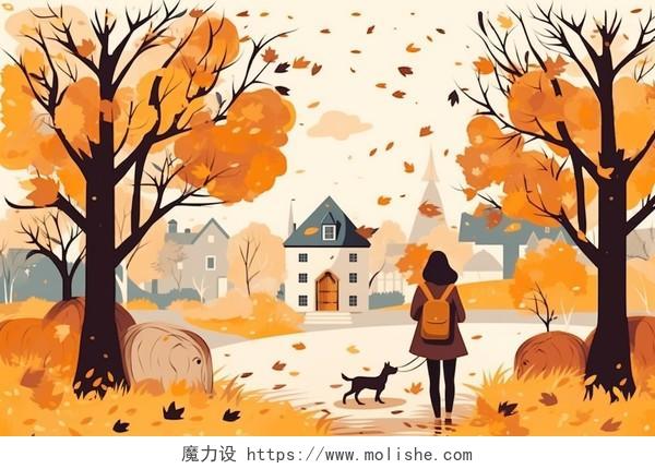 一棵大树下一名背着书包的女子和小狗卡通AI插画立秋